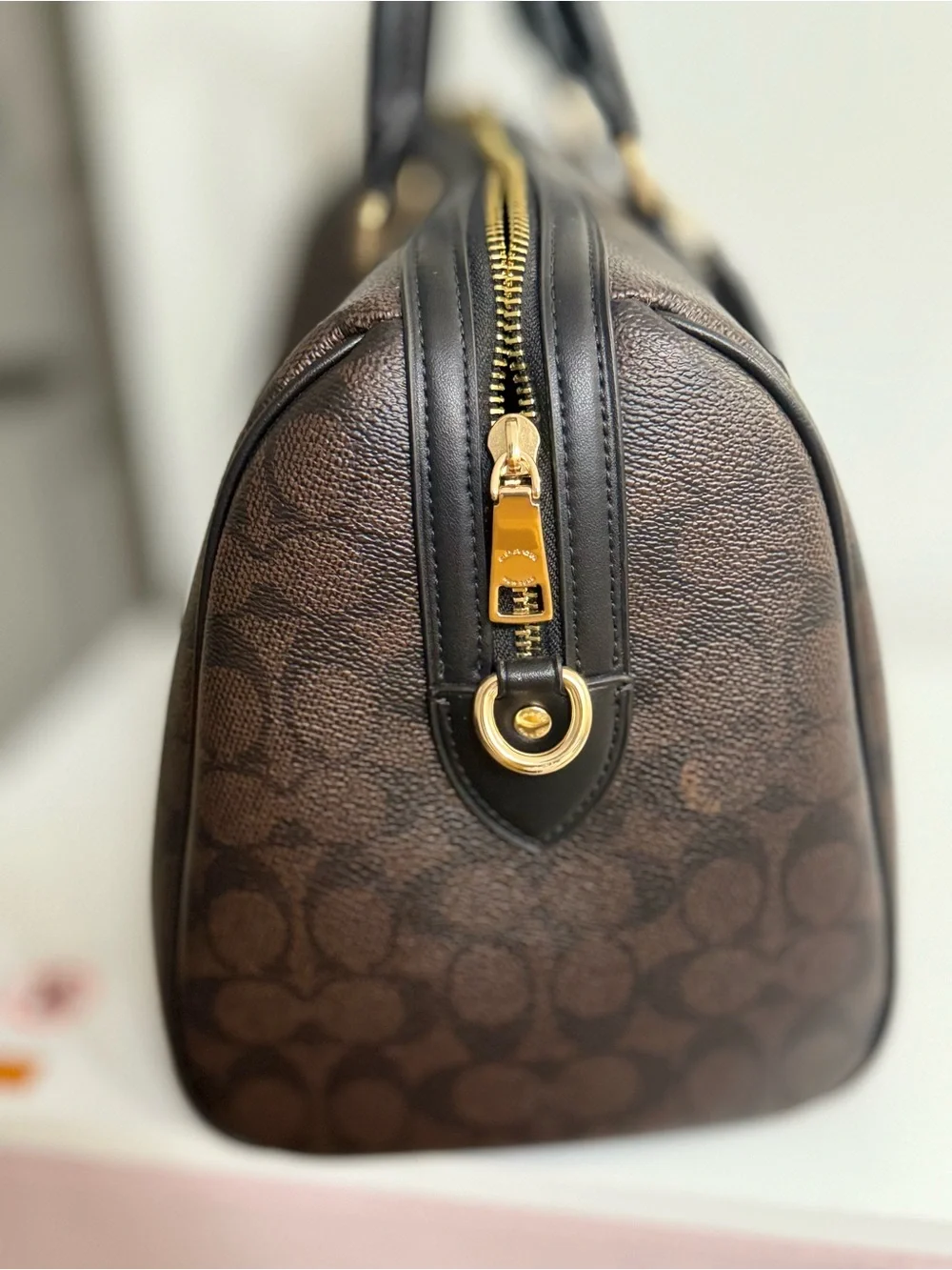 Coach large Rowan satchel in walnut and black with Gold Hardware